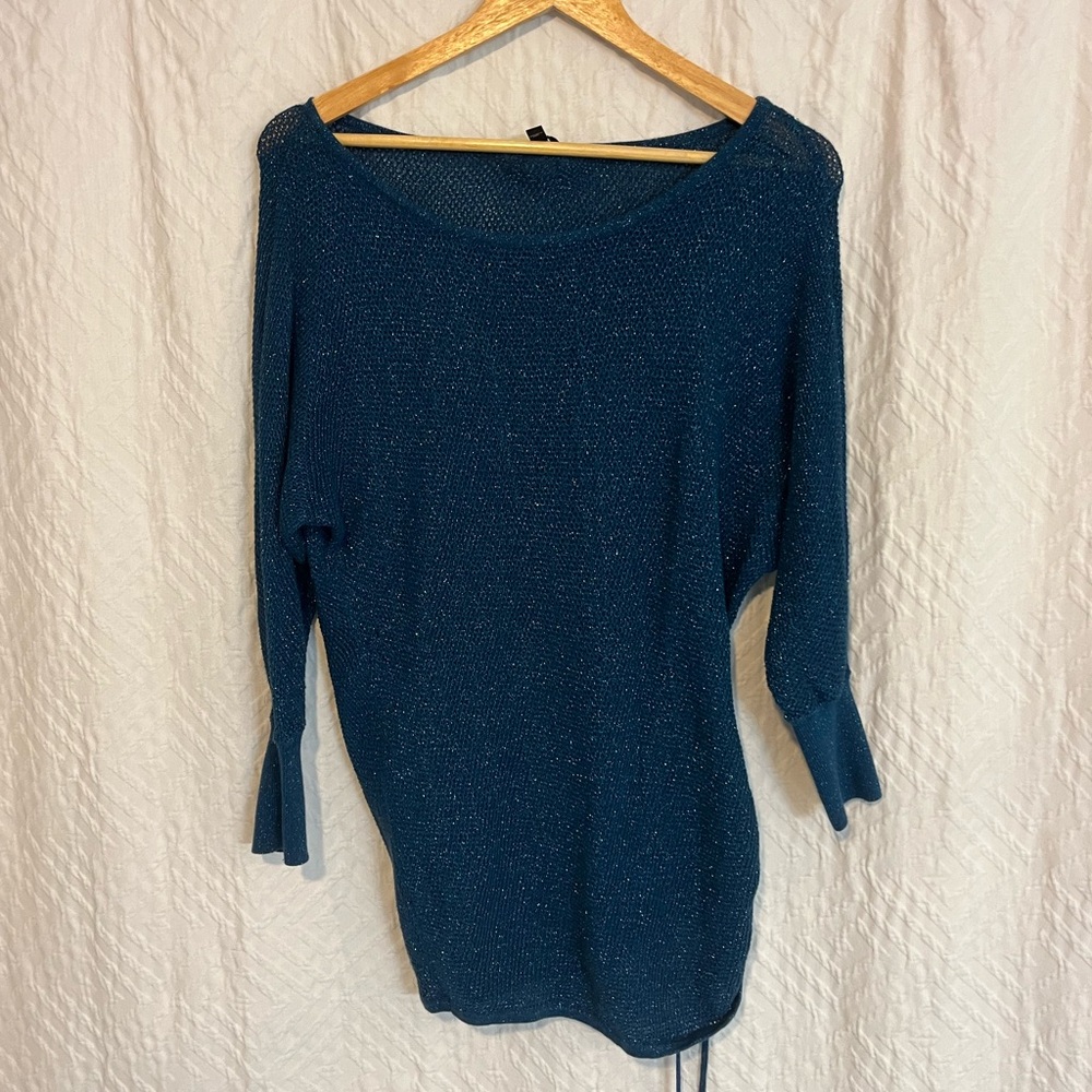 Express teal 3/4 shimmer mesh sweater tunic